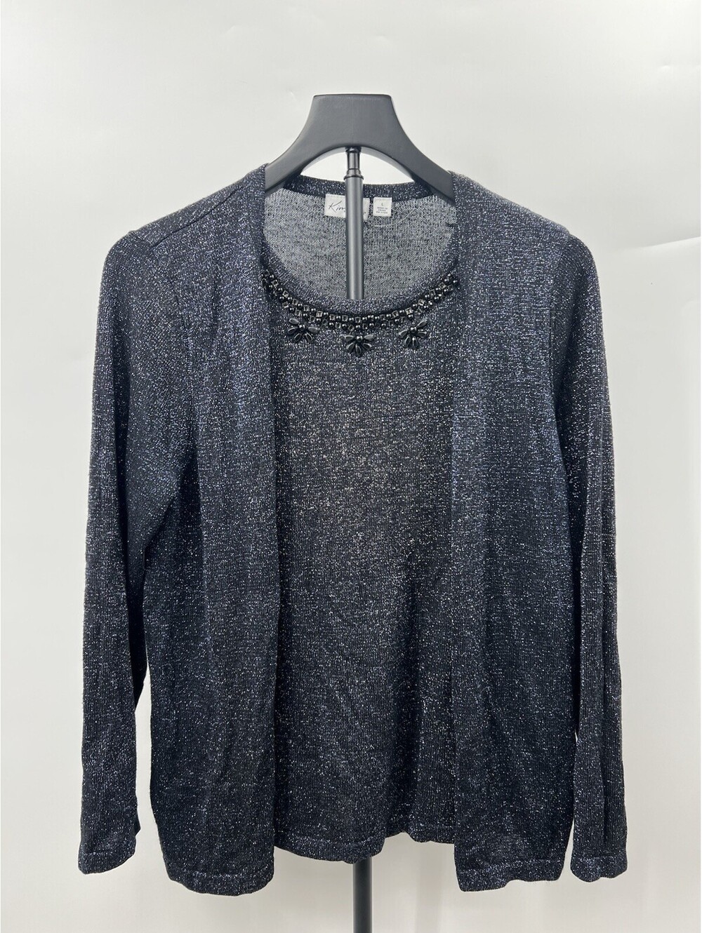 Kim Rogers Womens Cardigan Shell Top Beaded Neck Metallic Gray L